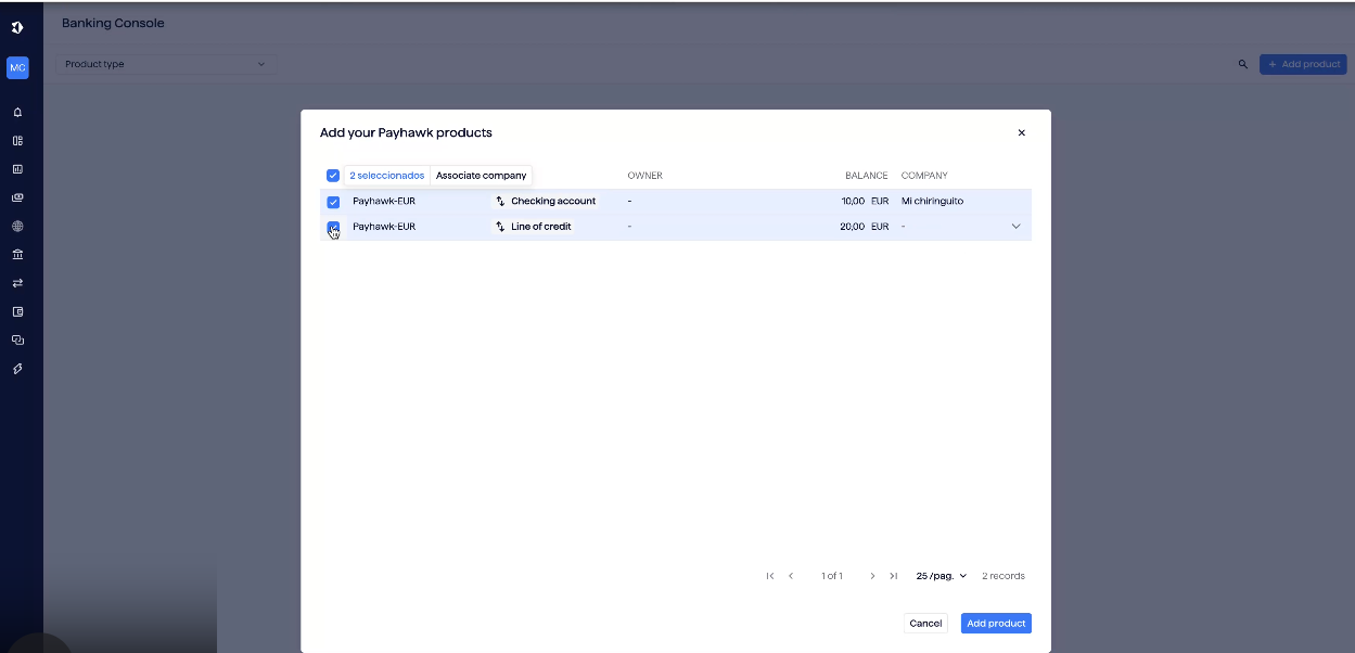Interface for adding Payhawk products with account details and balances displayed.