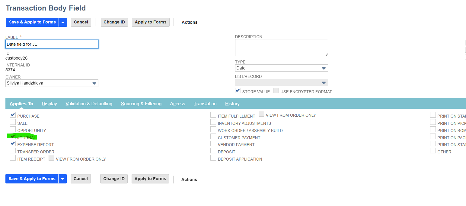 Transaction body field settings with highlighted options for journal and expense report.