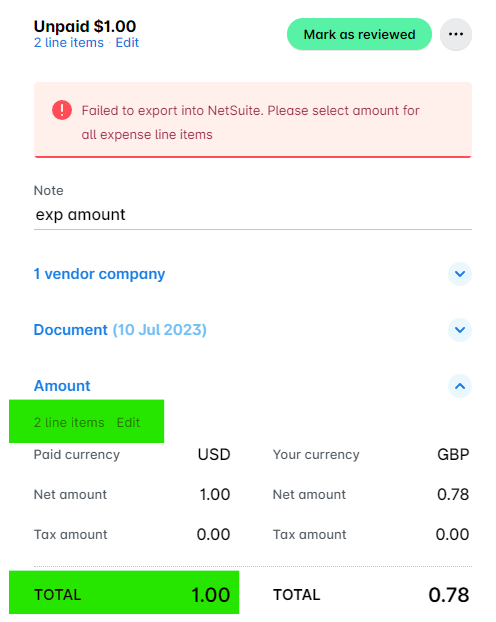Invoice showing unpaid amount and export error message for expense line items.