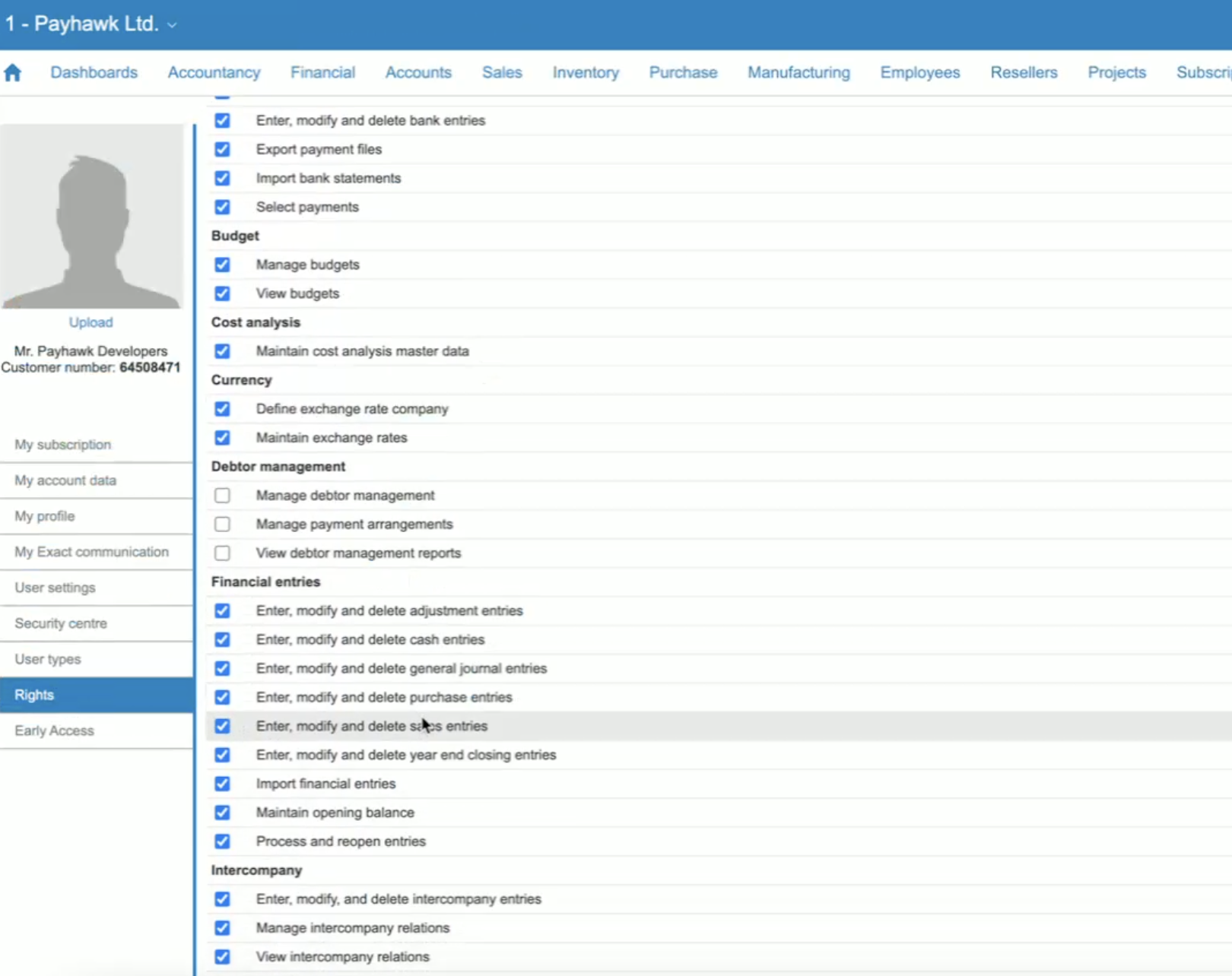 User permissions and financial entry options displayed in Payhawk account settings interface.