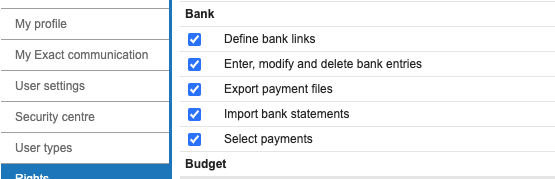 List of bank functionalities with checkboxes for user permissions and settings.