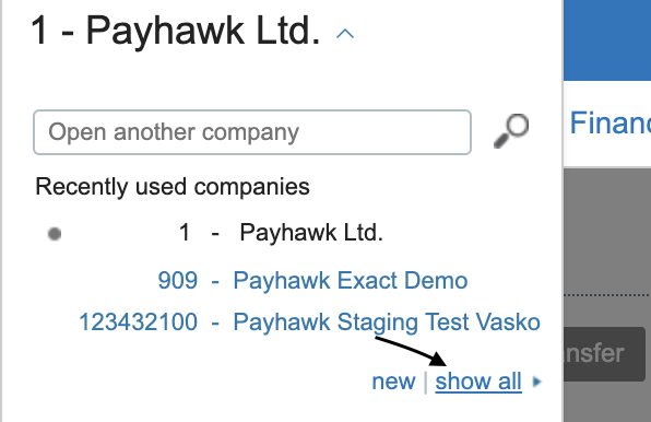 Payhawk Ltd. interface showing recently used companies and options to view more.