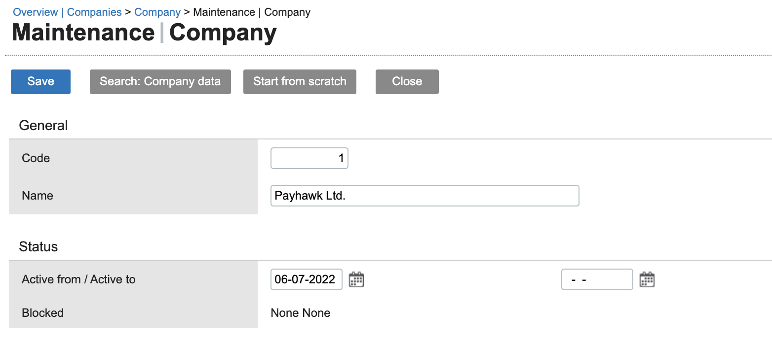 Company maintenance interface showing fields for code, name, and status details.