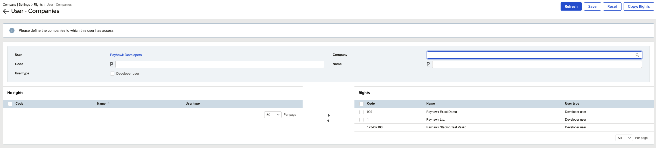 User management interface displaying user details and company rights settings.