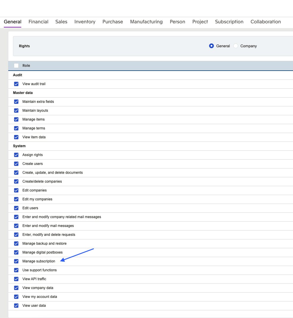 Settings menu displaying user roles and permissions, highlighting subscription management options.