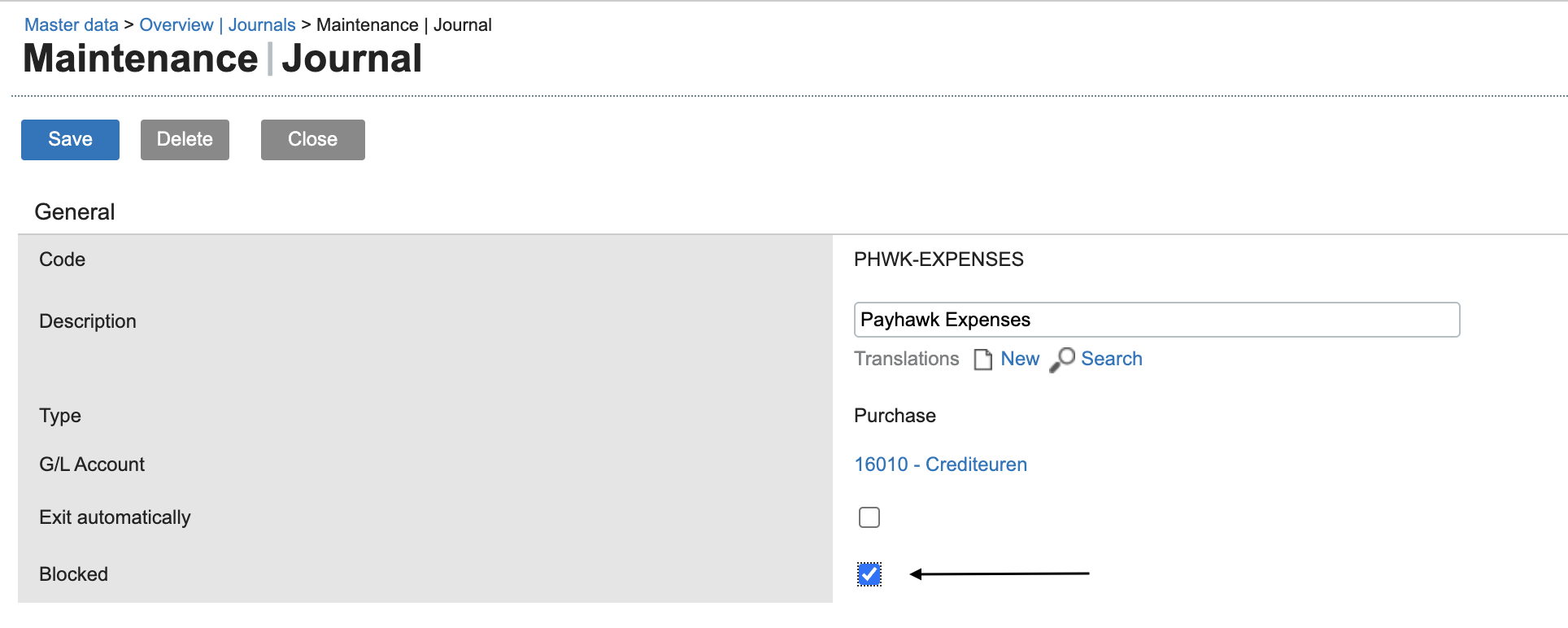 Interfaz del diario de mantenimiento que muestra los gastos de Payhawk y las opciones de gestión relacionadas.