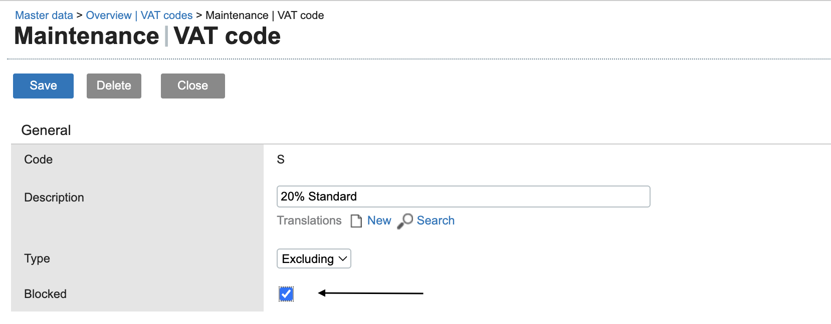 Pantalla de mantenimiento de códigos de IVA que muestra una casilla de verificación bloqueada y los detalles relevantes.