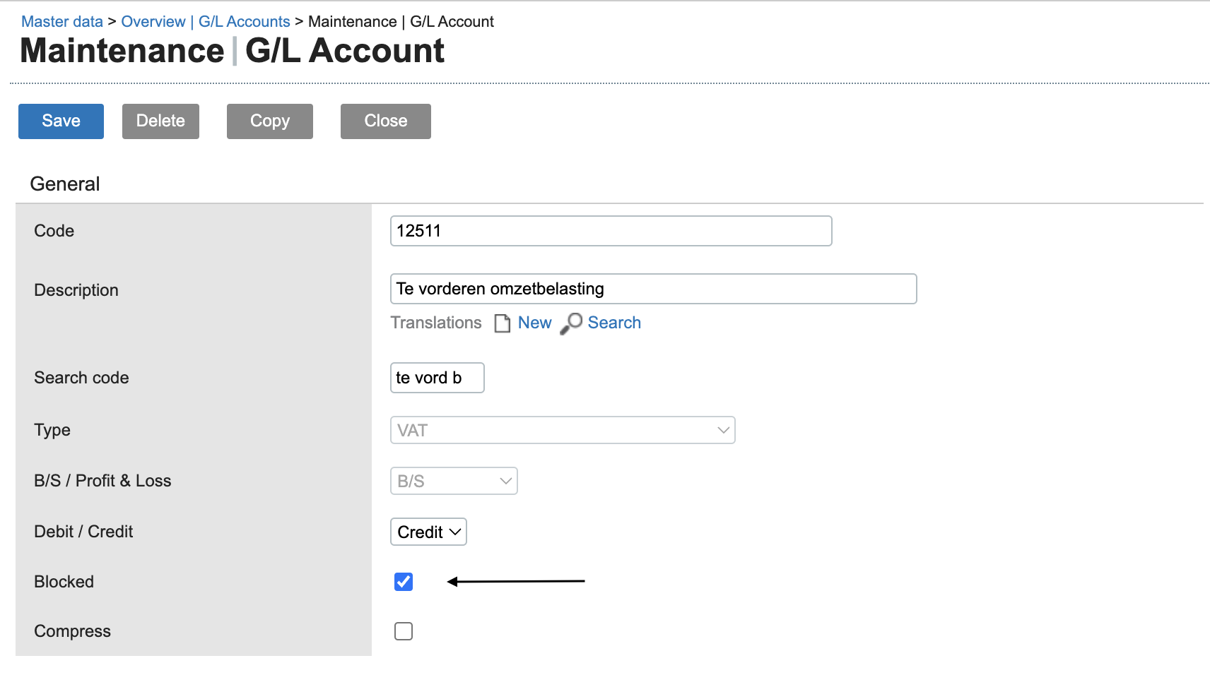 Pantalla de mantenimiento de la cuenta de contabilidad general que muestra detalles como el código, la descripción y el estado de bloqueo.