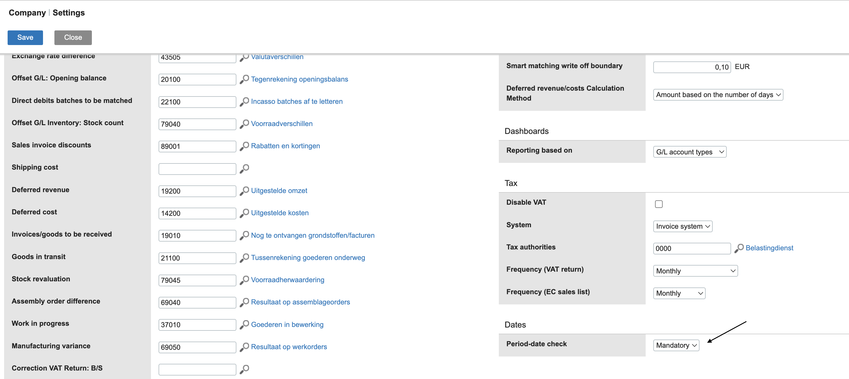 Interfaz de configuración de la empresa que muestra la verificación obligatoria de fecha de período y varias entradas financieras.