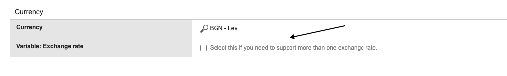 Currency selection with an option to support multiple exchange rates highlighted.