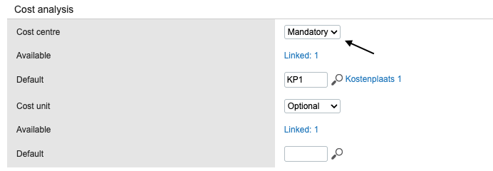 Cost analysis interface showing mandatory and optional fields for cost centre and unit.