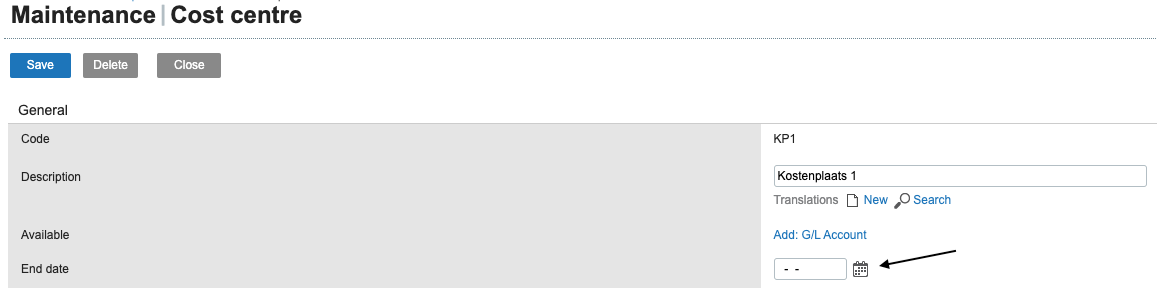 Cost centre maintenance interface showing fields for code, description, and end date selection.