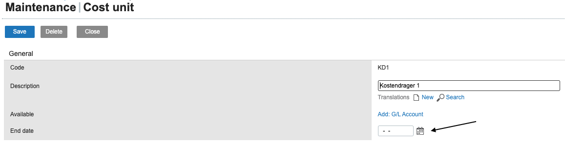 Cost unit maintenance interface showing fields for code, description, and end date.