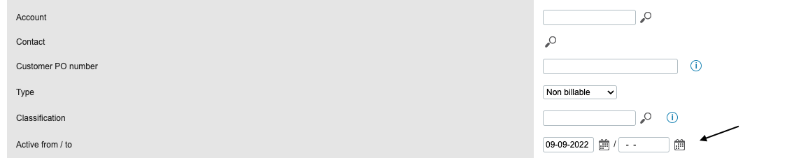 Form fields for account details including active dates and classification options.