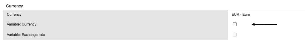 Currency selection interface showing Euro and exchange rate options with checkboxes.