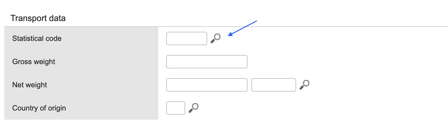 Transport data fields including statistical code, gross weight, net weight, and country of origin.