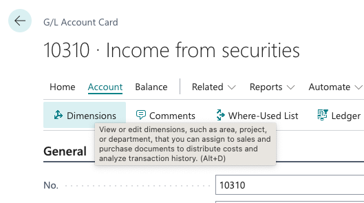G/L Account Card displaying income from securities and dimensions for transaction analysis.