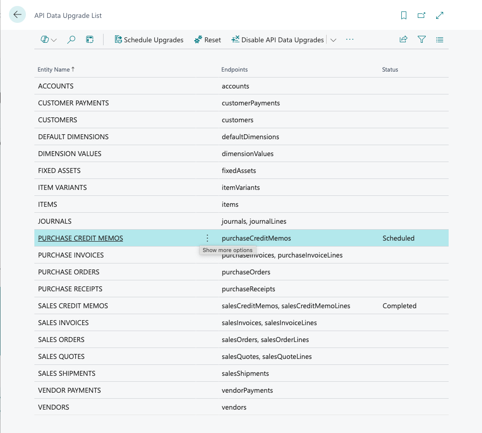 A screenshot of an API Data Upgrade List with "PURCHASE CREDIT MEMOS" highlighted as "Scheduled" and "SALES CREDIT MEMOS" as "Completed".