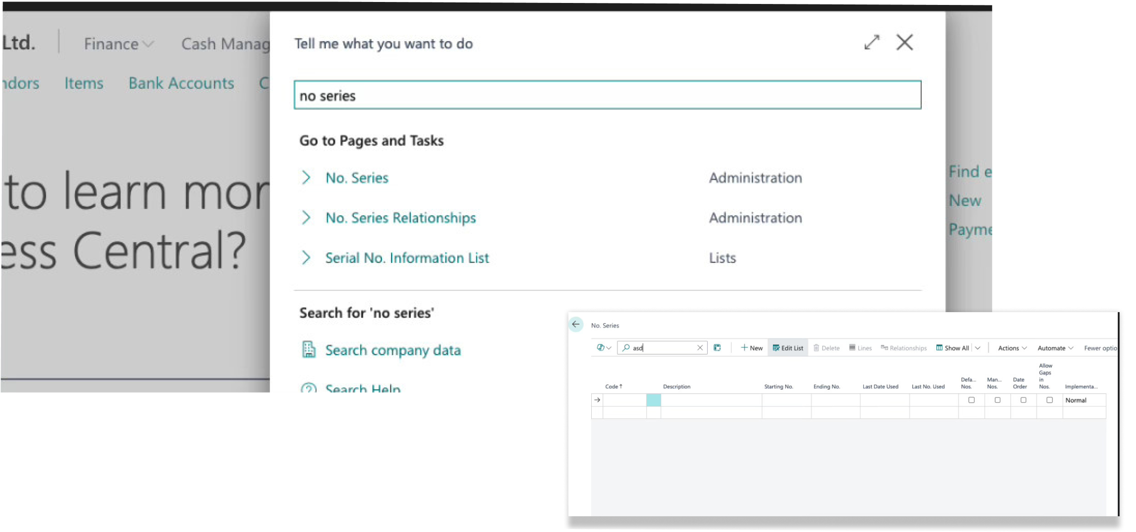 Search results for 'no series' in Business Central with relevant tasks displayed.