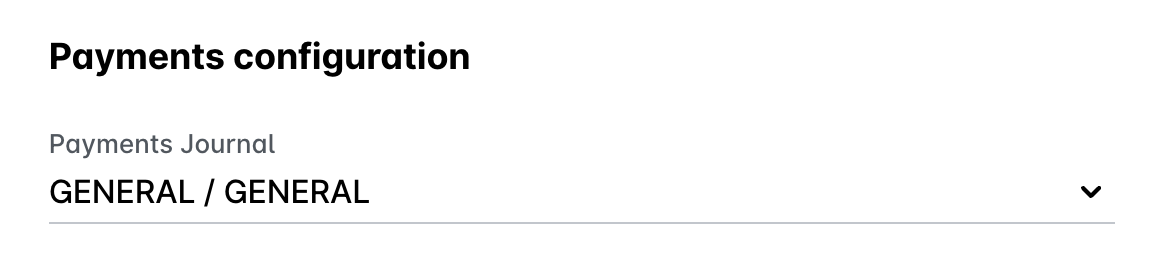 Payments configuration section displaying Payments Journal and General options for settings.