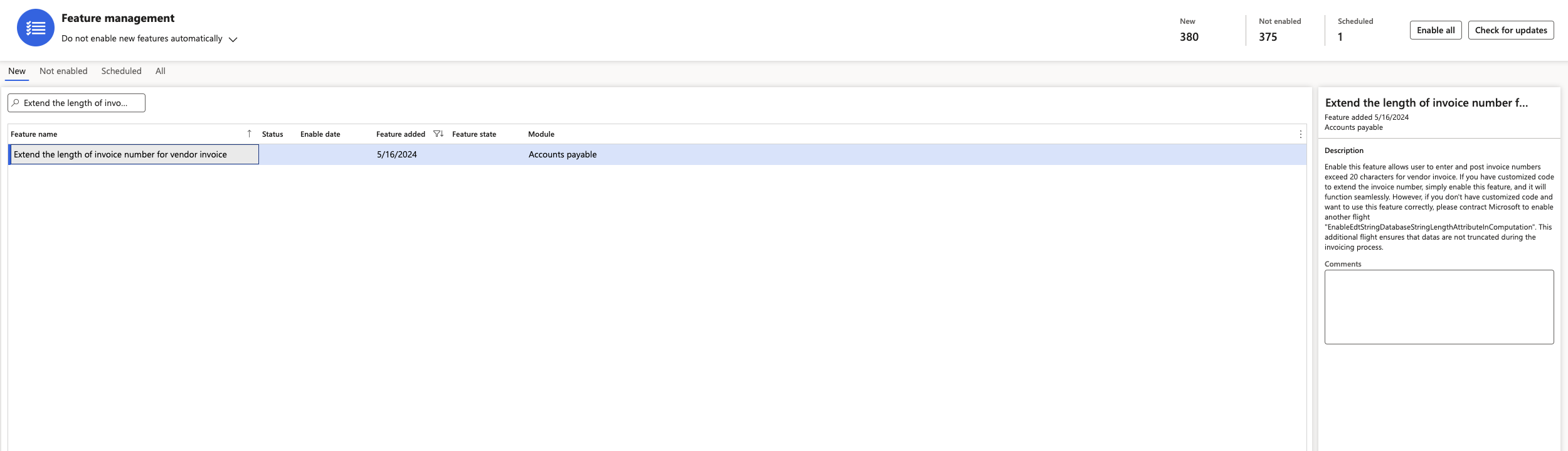 Feature management interface displaying invoice number extension details for vendor invoices.