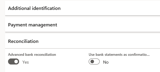 Settings for advanced bank reconciliation and payment management options displayed on a screen.