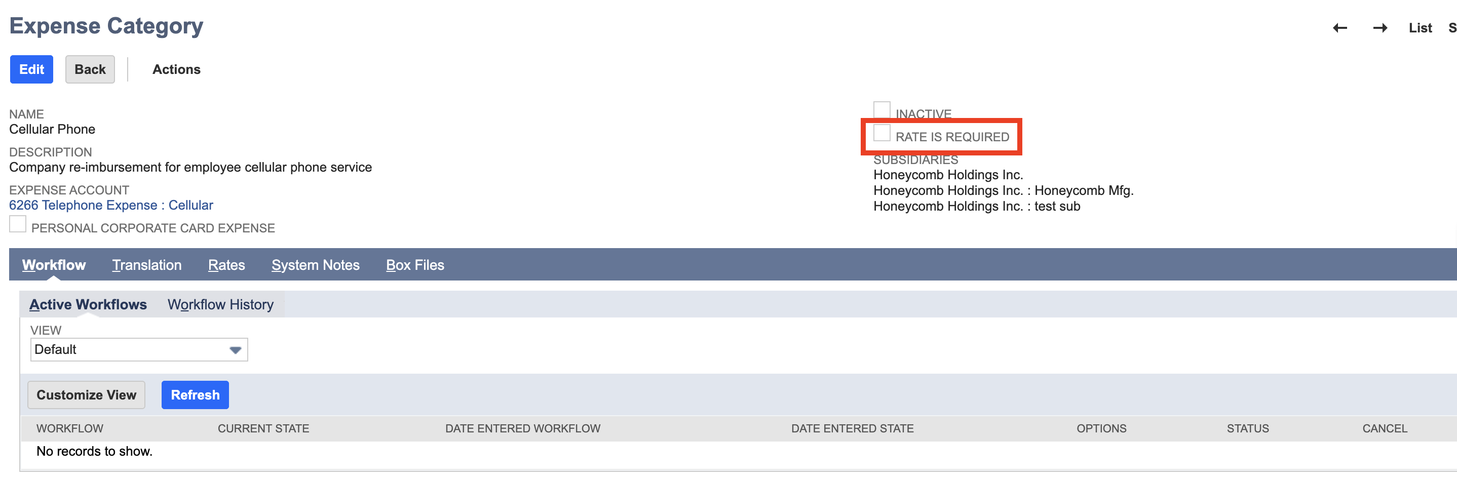 Expense category details showing required rate for cellular phone reimbursement.