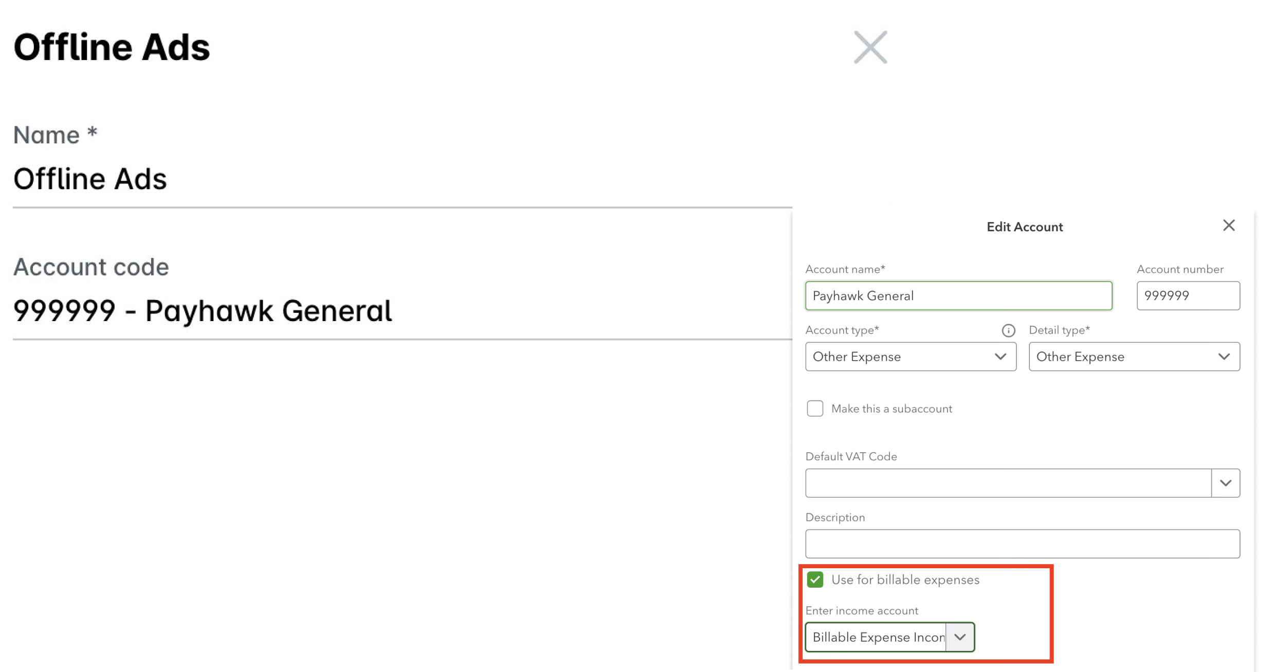 Editing account details for Offline Ads, including account code and billable expenses.