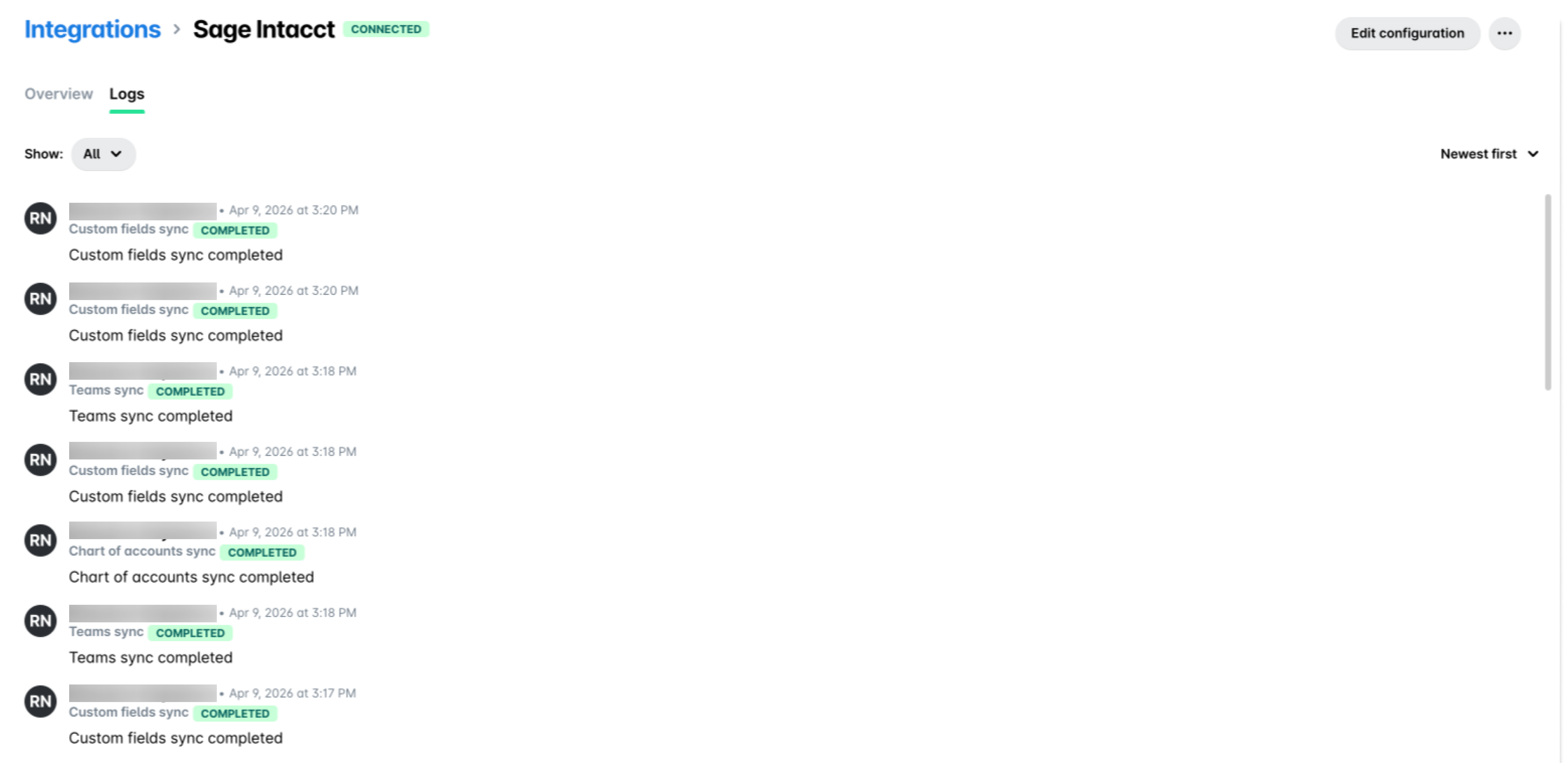Integration logs showing completed syncs for custom fields and teams in Sage Intacct.