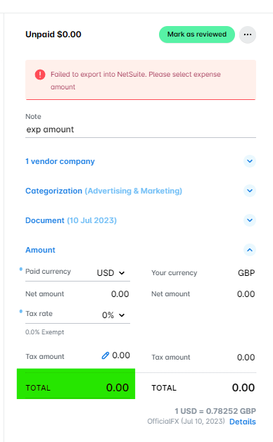 Expense report showing unpaid amount and error message regarding export to NetSuite.