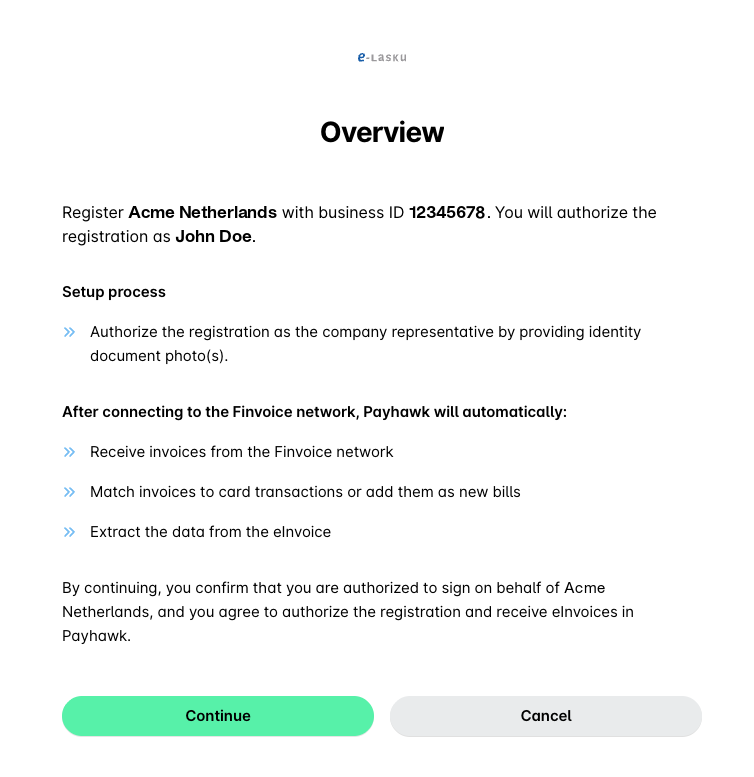 Overview of registering Acme Netherlands with business ID and authorization details.