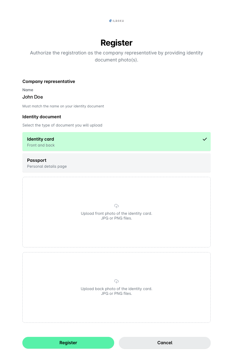 Registration form for company representative with identity document upload options.