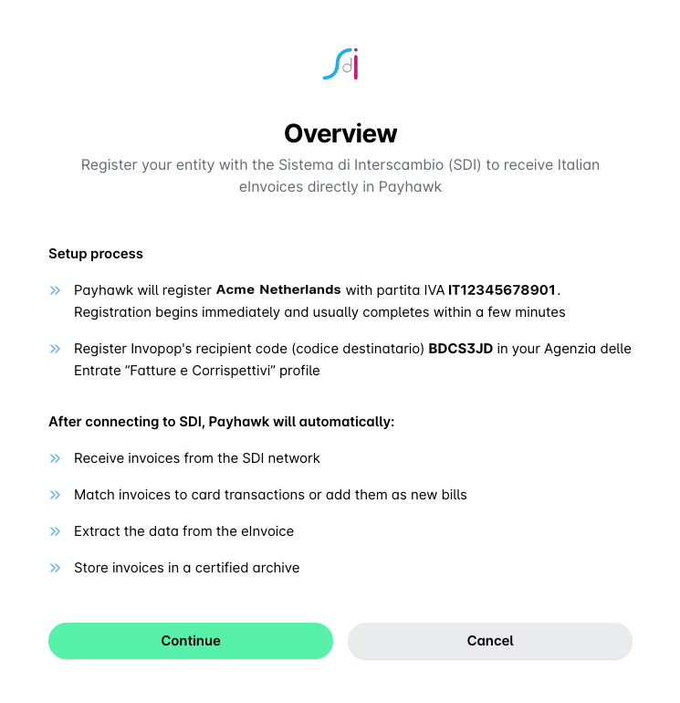 Overview of registering with Sistema di Interscambio for Italian e-invoices in Payhawk.