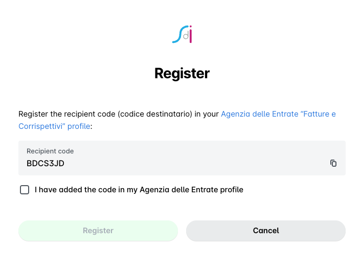 Instructions to register a recipient code in the Agenzia delle Entrate profile.