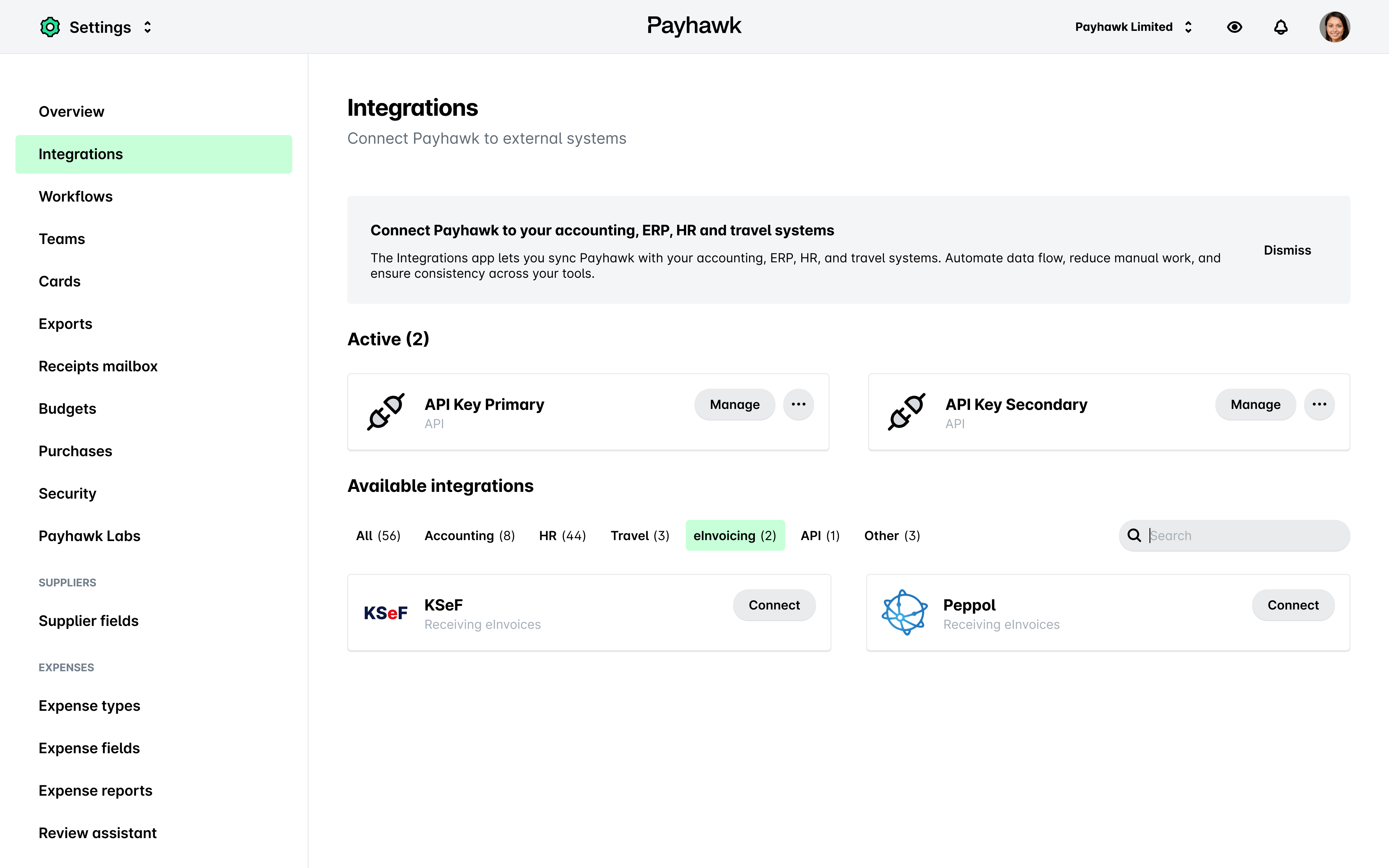 Payhawk integrations page showing active and available integrations for various systems.