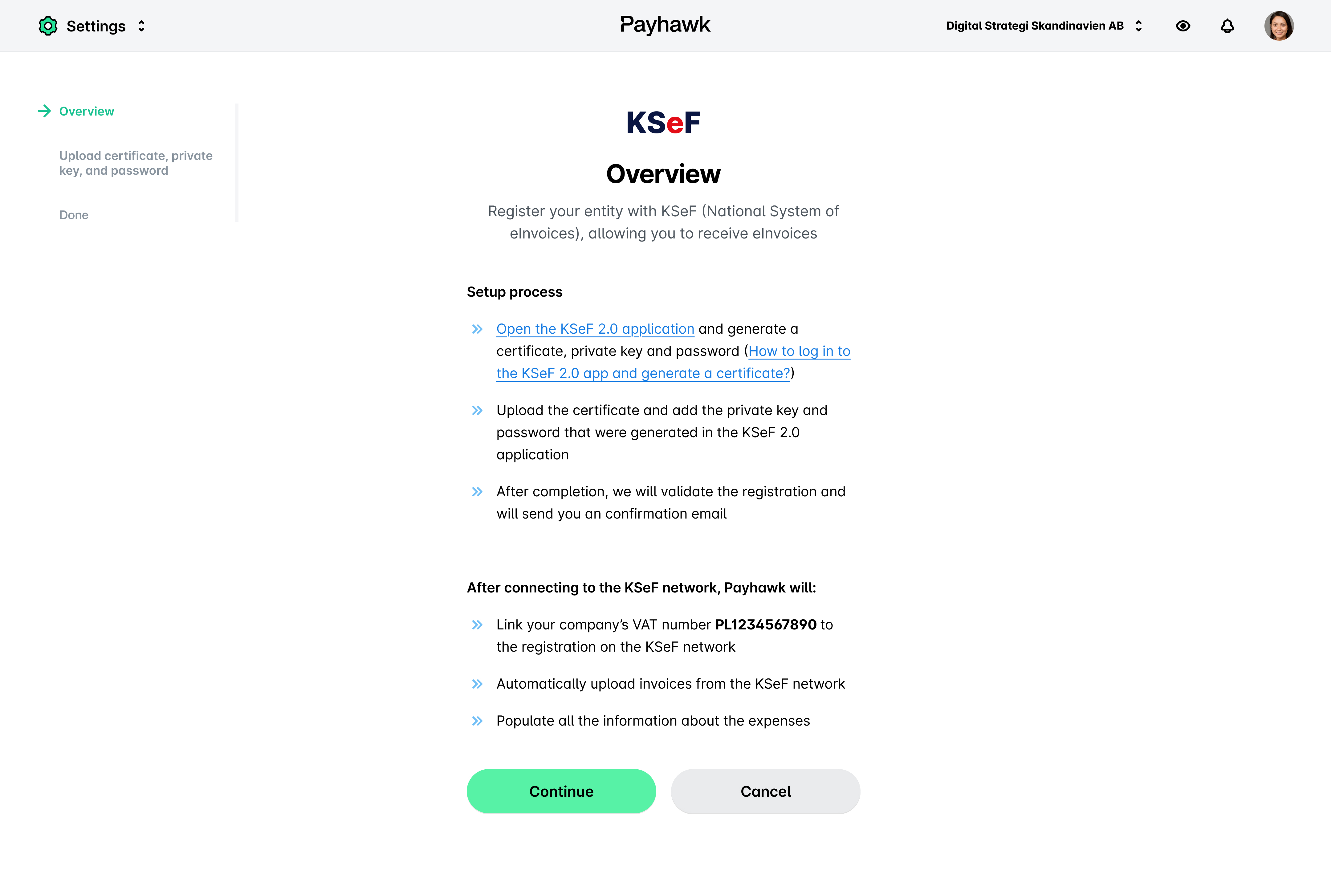 Instructions for registering with KSeF, including uploading certificates and linking VAT number.