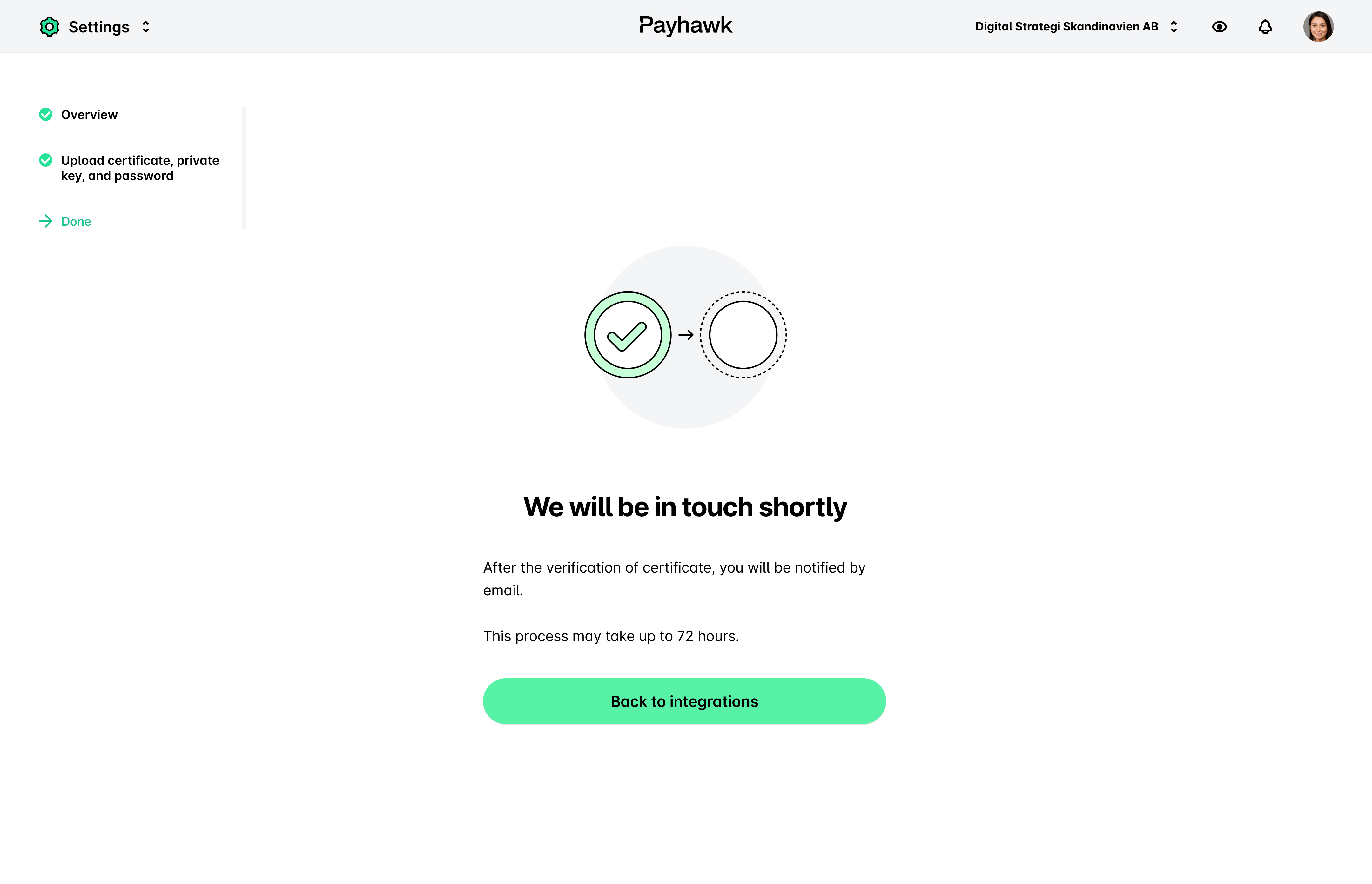 Confirmation message indicating certificate verification and next steps for user notification.