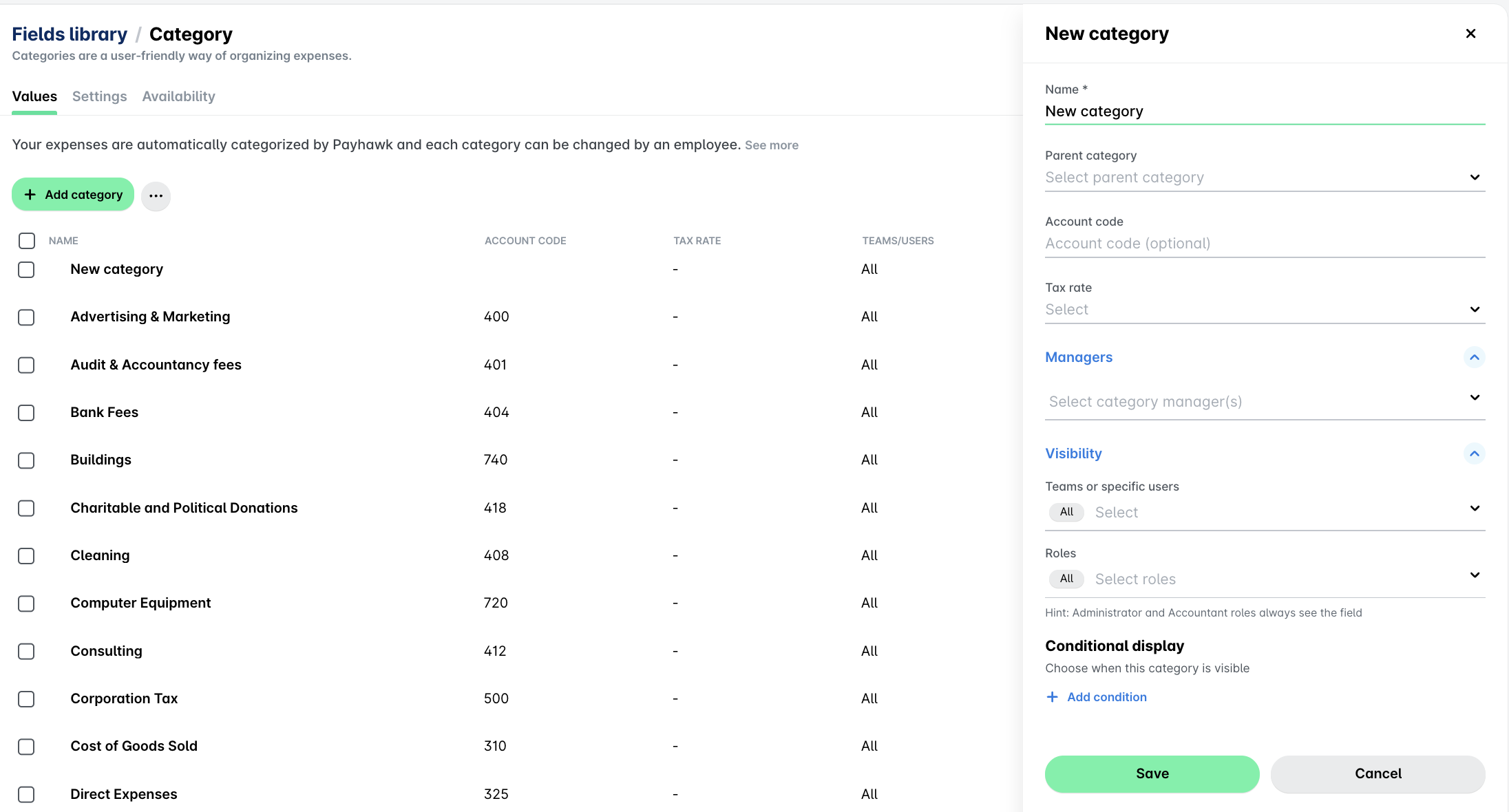 Expense categories with options to add, edit, and manage visibility settings for users.