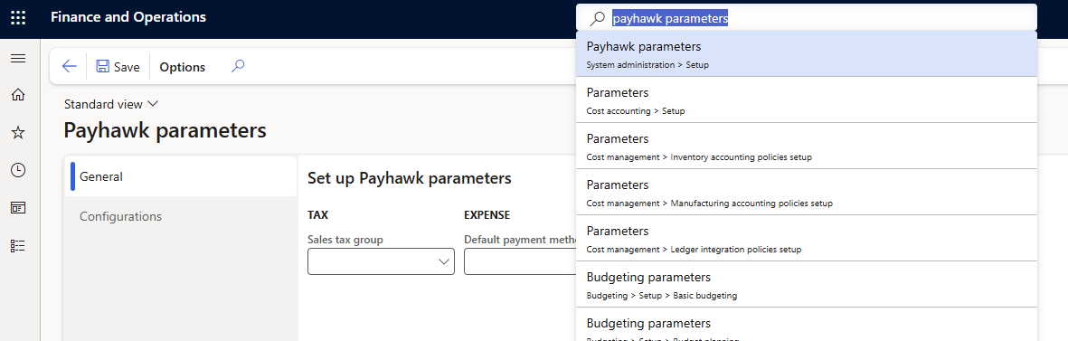 Interface utilisateur affichant la configuration des paramètres Payhawk pour les réglages fiscaux et de dépenses.