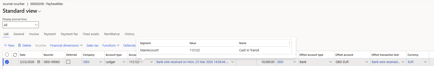 Journal voucher details showing transaction date, amount, and account information.