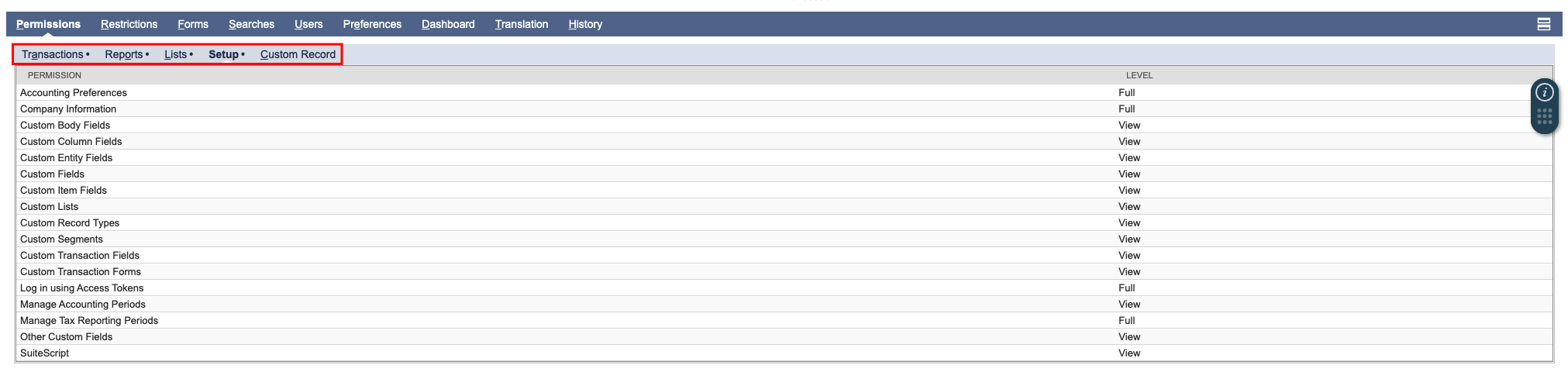 Permissions settings for Transactions, Reports, Lists, Setup, and Custom Record options.