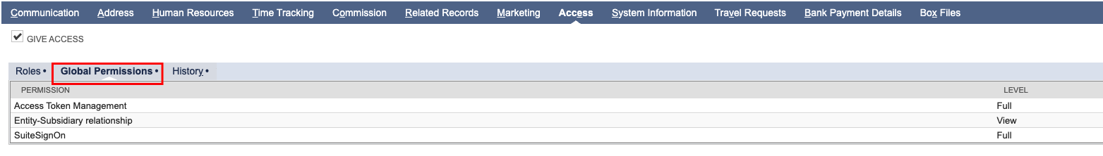 The interface displays Global Permissions and various access levels for user roles.