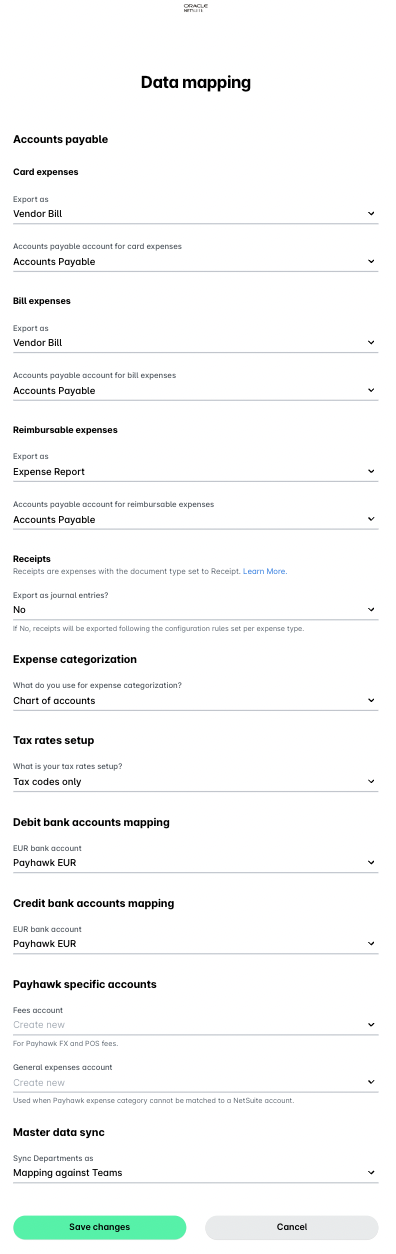 Data mapping interface showing accounts payable and expense categorization options.
