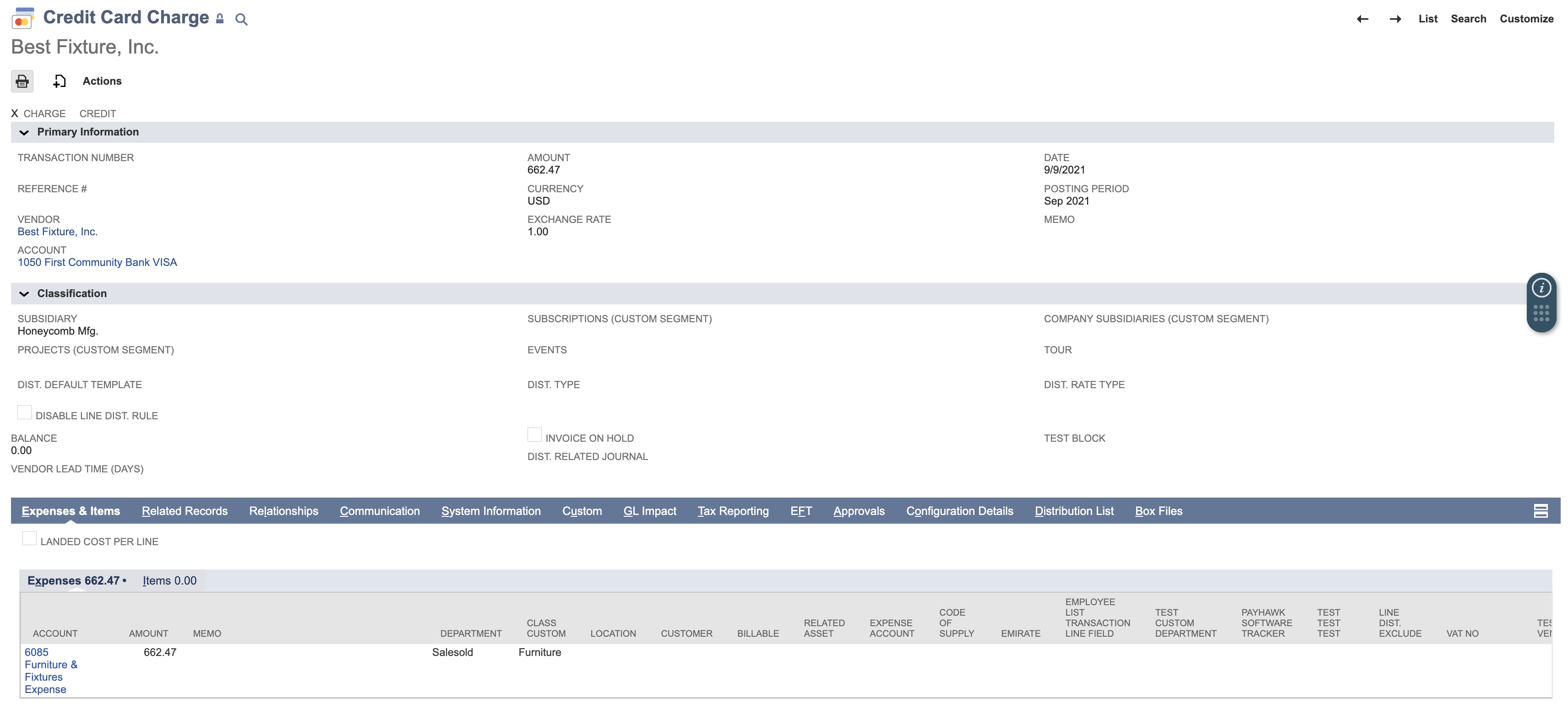 Credit card charge details for Best Fixture, Inc. including transaction and expense information.