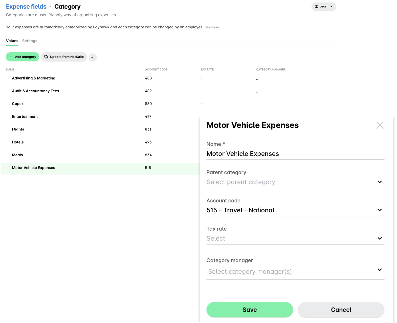 Expense categories including Motor Vehicle Expenses with account code and settings options.