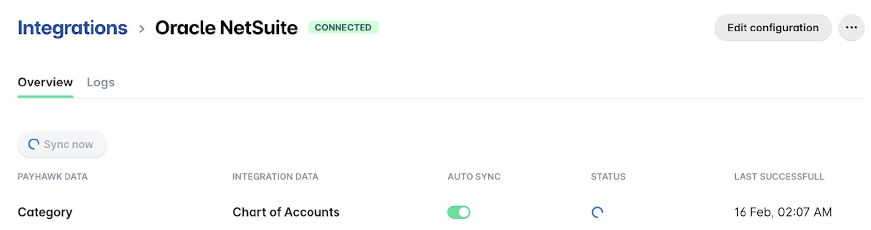 Overview of Oracle NetSuite integration settings with sync options and account details.