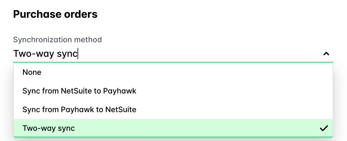 Dropdown menu showing synchronization methods for purchase orders, highlighting two-way sync option.