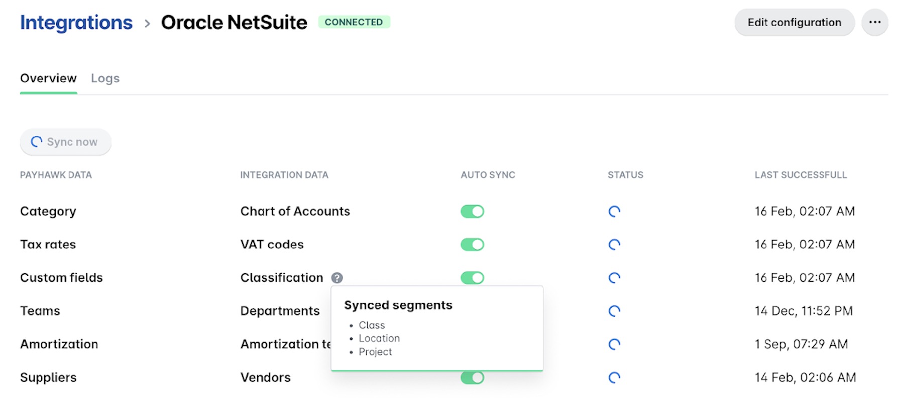 Hovering the Help (questions mark) icon on Classification reveals the segments included in the sync.