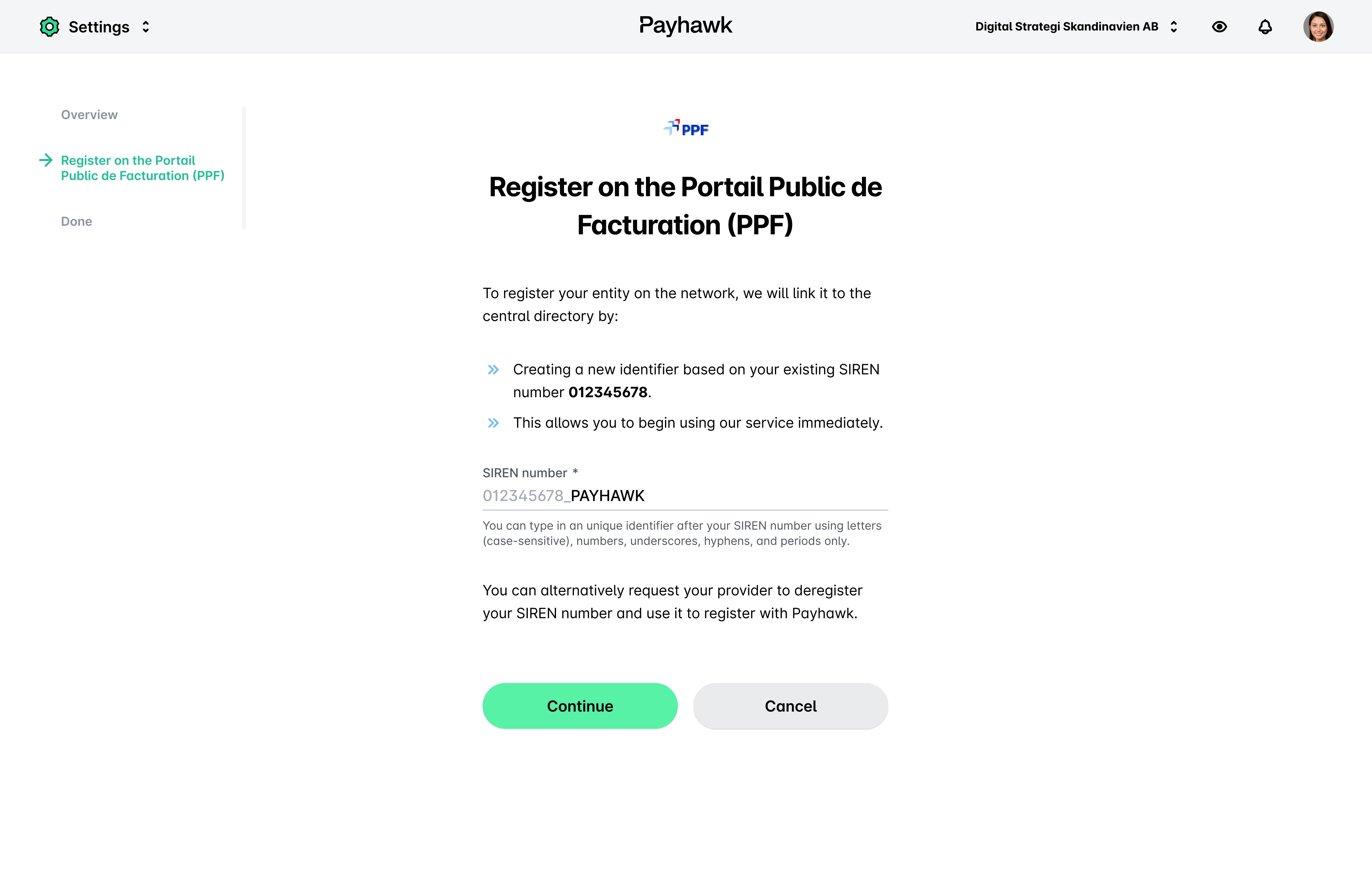 Instructions for registering on the Portail Public de Facturation with SIREN number.