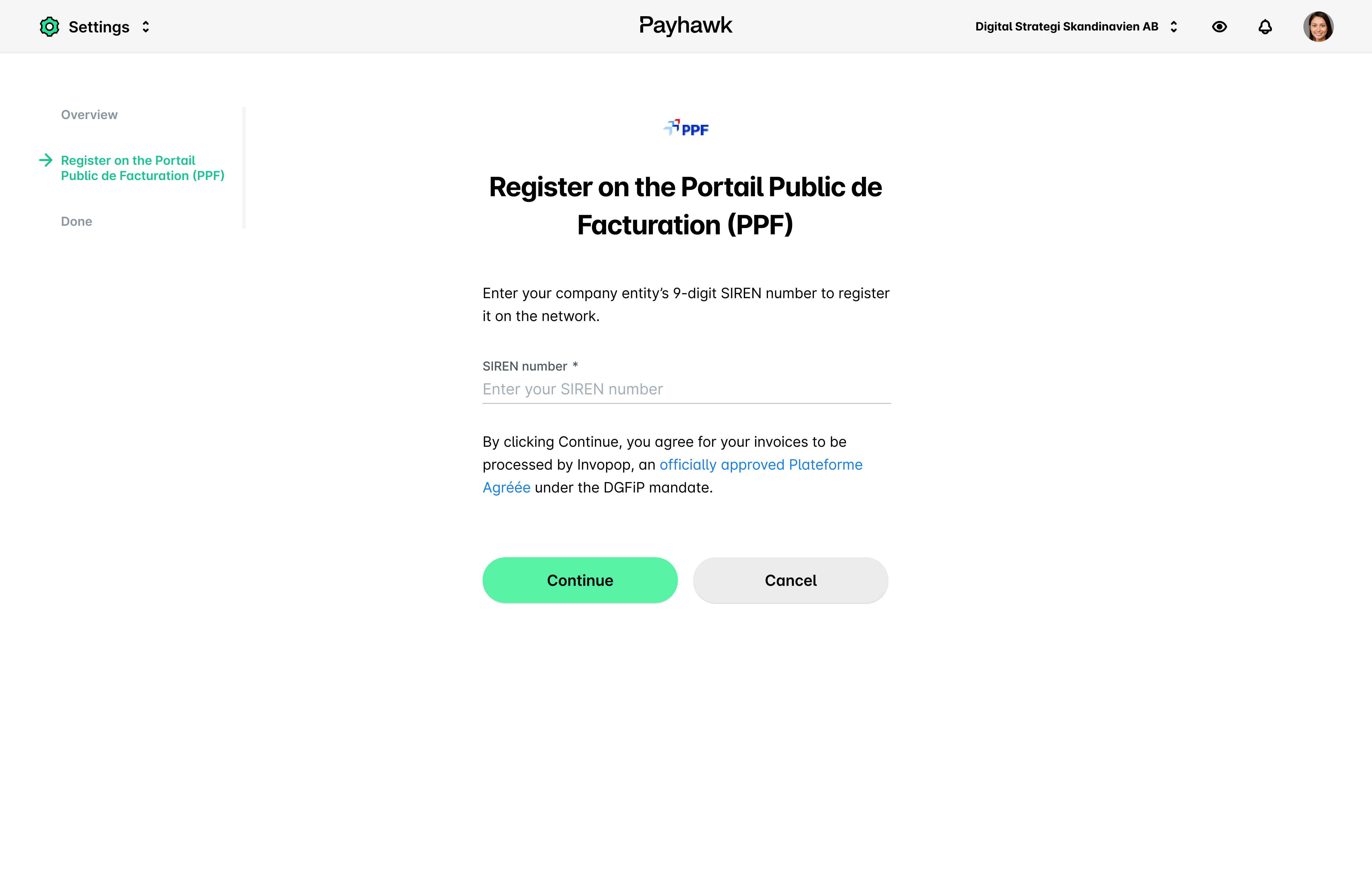 Form to register a company SIREN number on the Portail Public de Facturation.